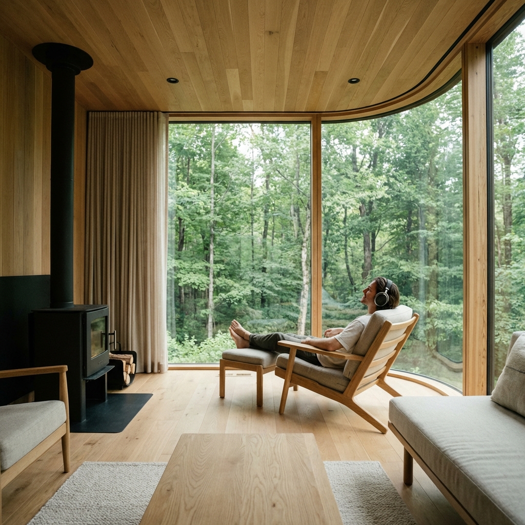 Cabin interior overlooking forest with audio equipment
